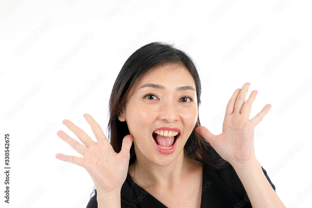 Facial Expression Young Asian woman office attire white background hello wave hand Facial Expression Young Asian woman office attire white background hello wave hand