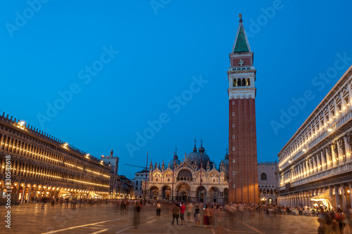 Bell tower and historical buildings at Piazza San Marco at night in Venice