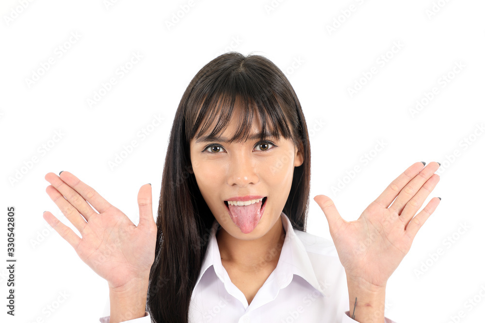 Facial Expression Young Asian woman office attire white background wave tongue stick out Facial Expression Young Asian woman office attire white background wave tongue stick out