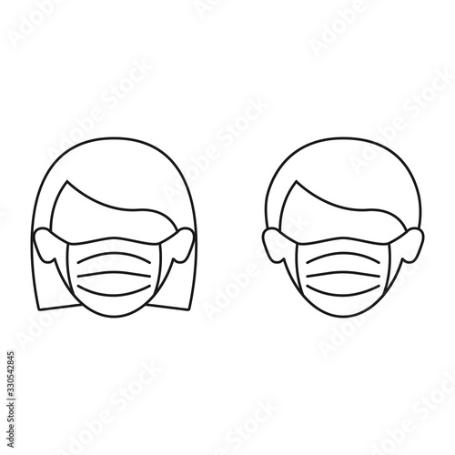 Woman and man in medical mask icon isolated. Concept global qurantine. Outline flat vector illustration.