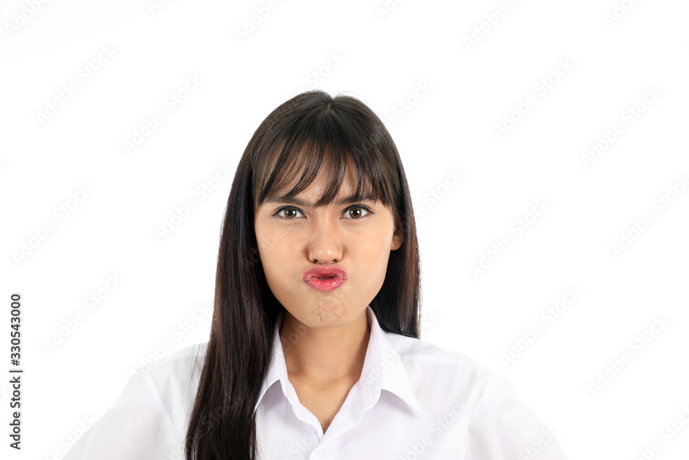 Facial Expression Young Asian woman office attire white background kiss lips Facial Expression Young Asian woman office attire white background kiss lips