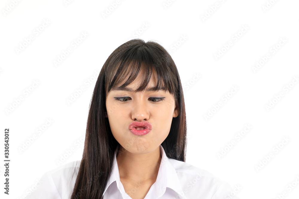 Facial Expression Young Asian woman office attire white background kiss cross eye Facial Expression Young Asian woman office attire white background kiss cross eye