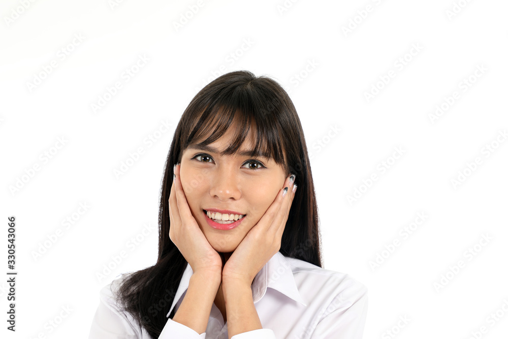 Facial Expression Young Asian woman office attire white background hand on face cheek Facial Expression Young Asian woman office attire white background hand on face cheek