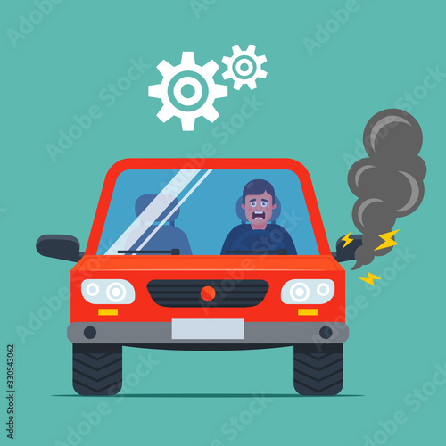 the car broke down and smokes. upset driver. flat vector illustration.