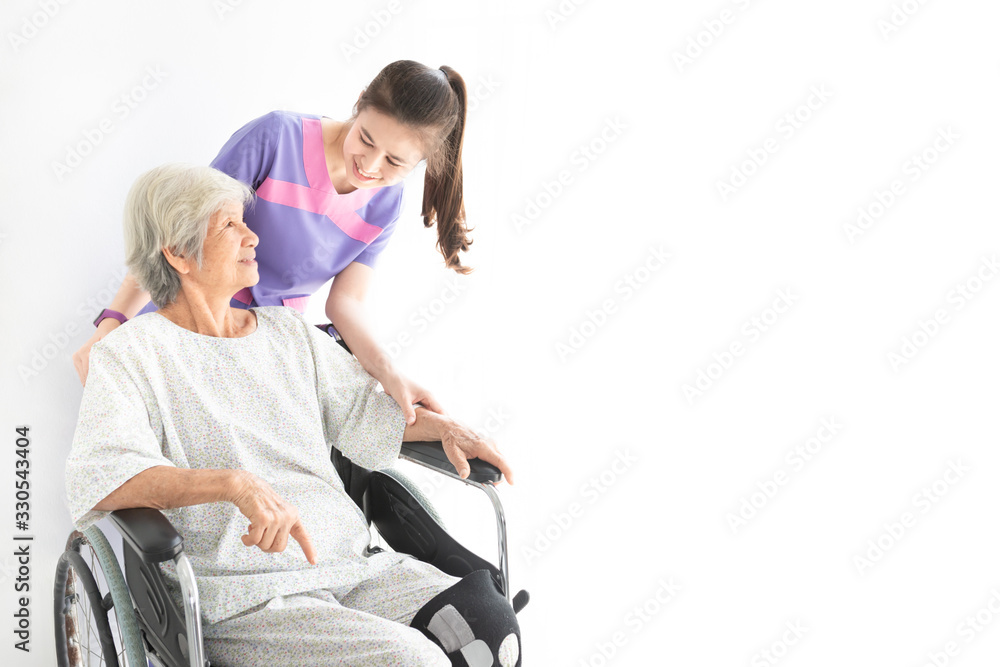 asian female nurse talk about rehabilitation process with old stroke patient in hospital, they feeling happy and smile, old asian people sitting on wheelchair, elderly healthcare asian female nurse talk about rehabilitation process with old stroke patient in hospital, they feeling happy and smile, old asian people sitting on wheelchair, elderly healthcare