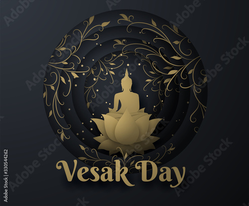 gold buddha on lotus and ivy flower Happy vesak day background.