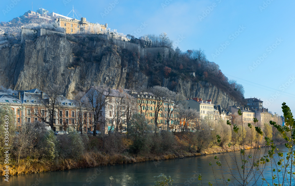View on hills of Grenoble with colorful houses in France