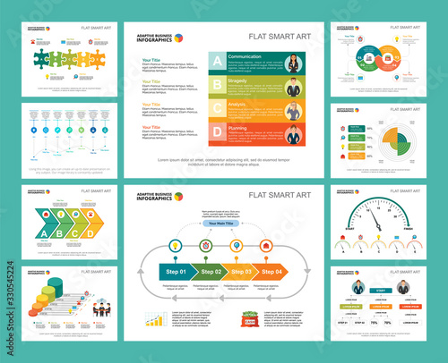 Colorful startup or strategy concept infographic charts set. Business design elements for presentation slide templates. Can be used for financial report, workflow layout and brochure design.
