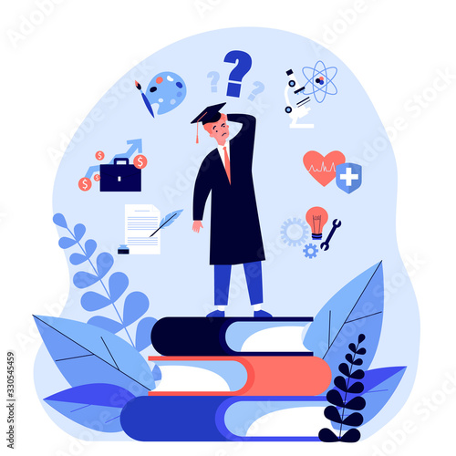Puzzled student making choice about his future career path flat vector illustration. Young guy choosing college and needing guide from advisor. Education and university concept.
