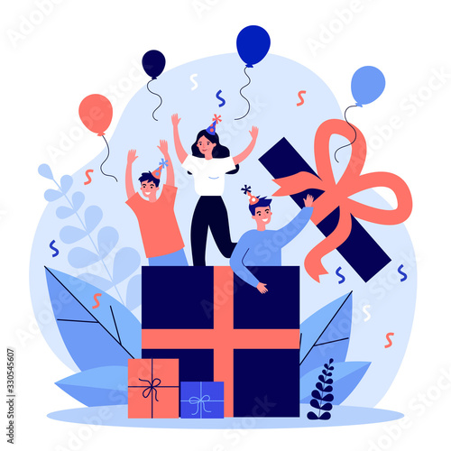 Happy friends making surprise for birthday party flat vector illustration. People jumping out of gift box. Smiling characters waving by hands. Celebration, joy and fun concept.