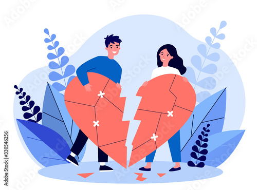 Smiling couple restoring broken heart flat vector illustration. Happy man and woman solving problems and returning their love. Relationship and romance concept.