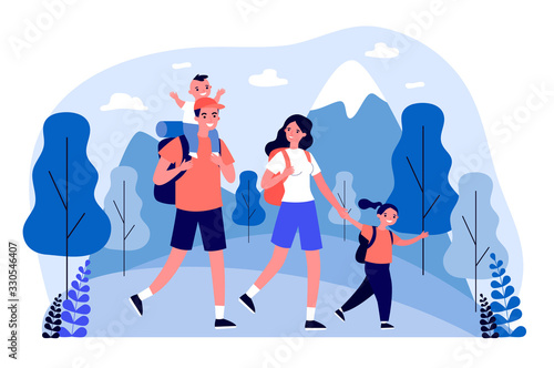 Active happy family travelling together in mountains flat vector illustration. Father, mother and children hiking and camping with backpack at nature. Trip and holiday concept.