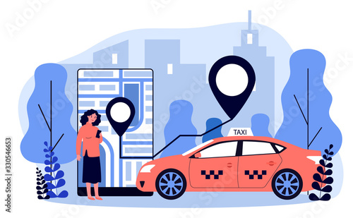 Young woman taking cab via mobile app flat vector illustration. Lady tracking car route on city map in taxi application. Transportation, service and people travelling concept.
