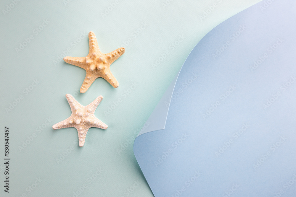 composition of exotic sea shells and starfish on blue background, top view. Summer sea flat lay - obrazy, fototapety, plakaty 