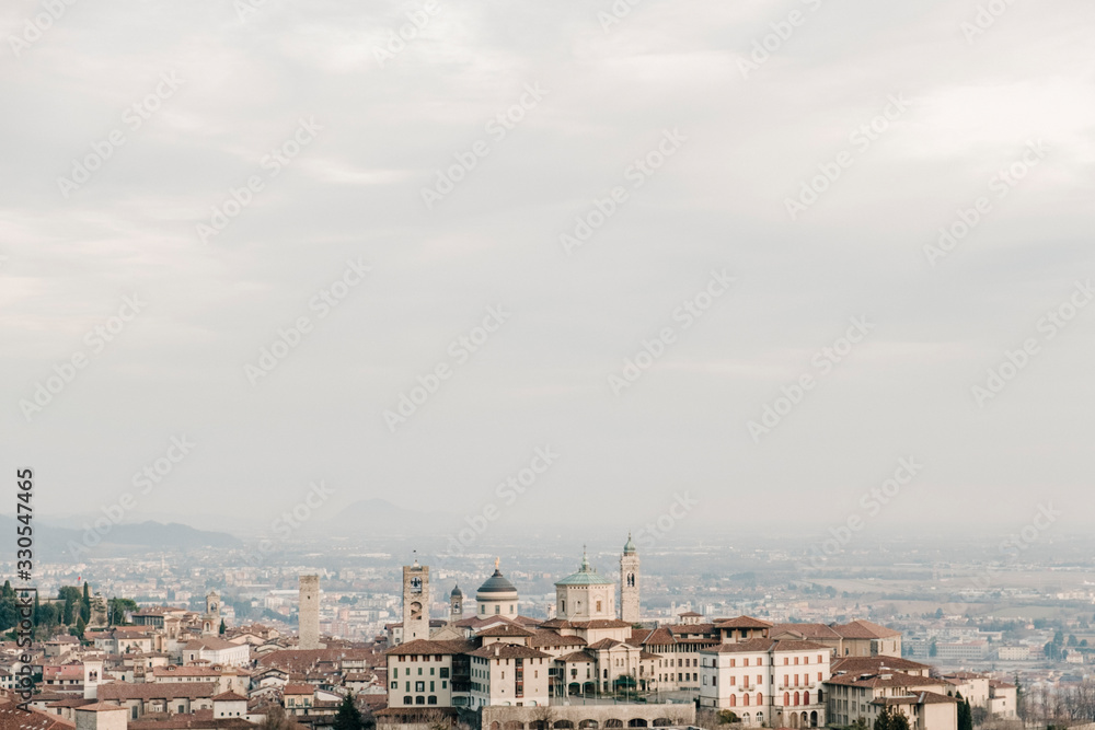 Nice panoramic view of Città Alta in Bergamo, Italy. With the horizon in the background
