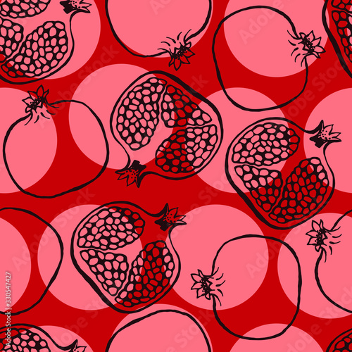 Seamless pattern with pomegranate  hand drawn fruits elements. Vegetarian wallpaper. For design packaging, textile, background, design postcards and posters.