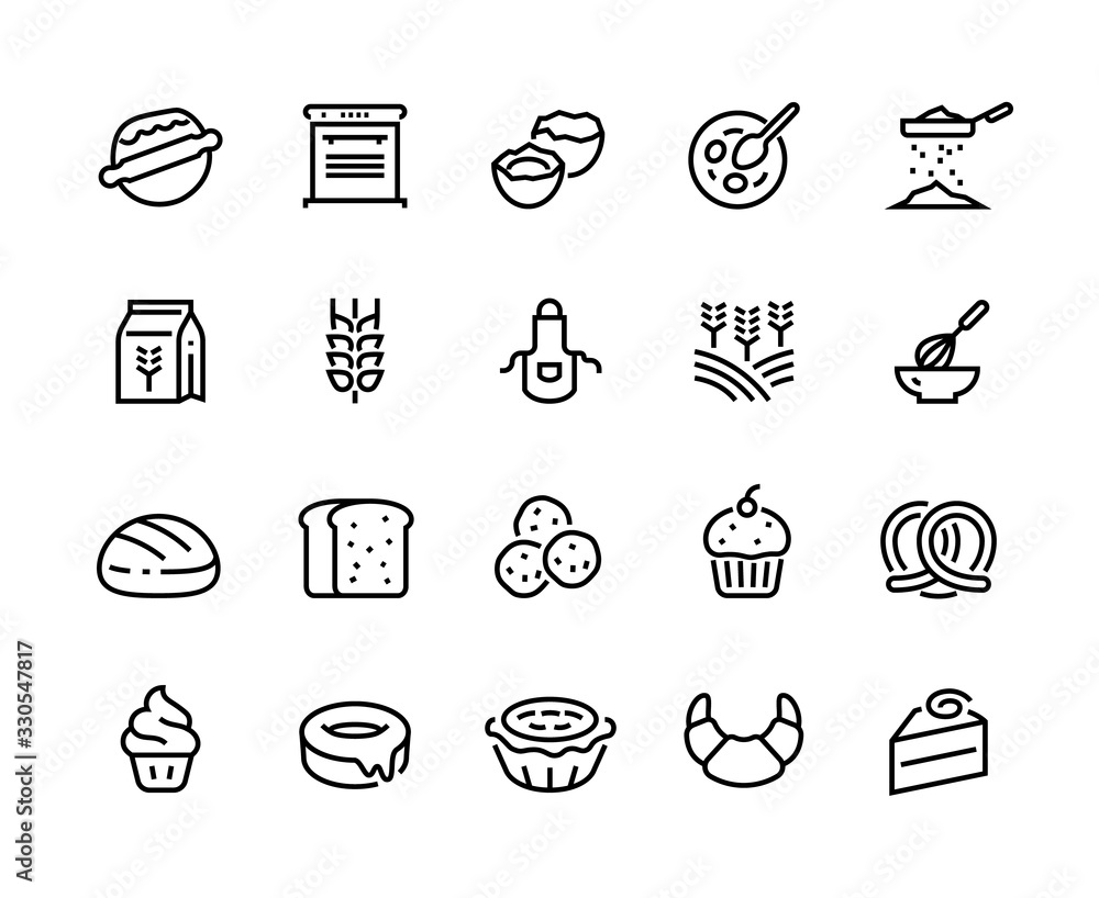 Bakery line icons. Wheat flour eggs and sugar ingredient for home bread croissant muffin cake and donut. Vector set illustration cook foods symbol