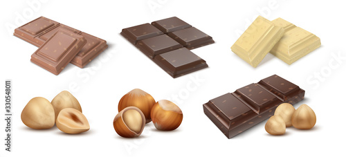 Chocolate with nuts. Cocoa dessert bars with hazelnuts, milk chocolate pieces and chunks with crumbs. Vector illustrations natural sweet product premium chocolate design