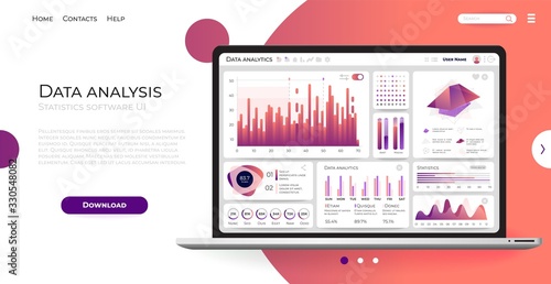 Laptop UI. Realistic mockup with infographic template, data visualization with diagrams bar and charts. Vector illustration user interface simple design panel websites