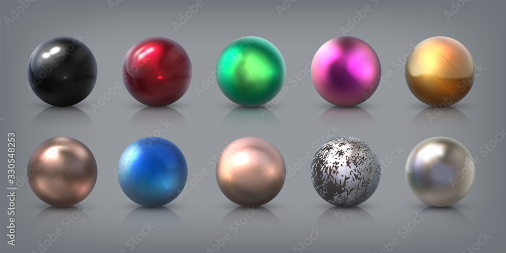 Realistic metal balls. 3D aluminum steel bronze silver and gold spheres with reflections, bearing ball and texture orbs. Vector image round shapes stone with shine glares Realistic metal balls. 3D aluminum steel bronze silver and gold spheres with reflections, bearing ball and texture orbs. Vector image round shapes stone with shine glares