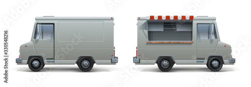 Realistic food truck. Ice cream pizza and street food white trailer for corporate identity, mobile kitchen on wheel with open window. Vector set isolated mobile truck express eating