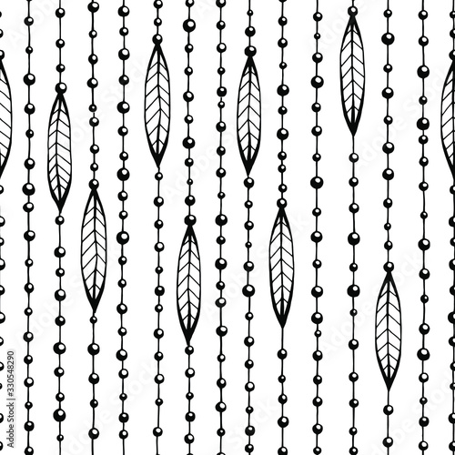 Pattern with beads with decorations on a thread can be used as a fabric design, home textiles, wallpaper and other design.