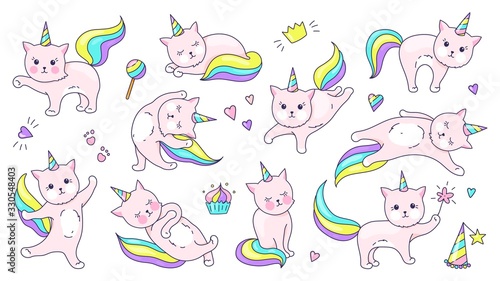 Unicorn cat. Cute doodle animal with kawaii face, hand drawn kitty character set for children illustration in pastel colors. Vector funny cuteness cats posing set for magic stickers