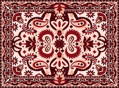 Arabesque carpet. Indian and Persian rug with ethnic geometric motif pattern, vintage texture for interior floor textile. Vector illustration luxury colourful tribal textile border design