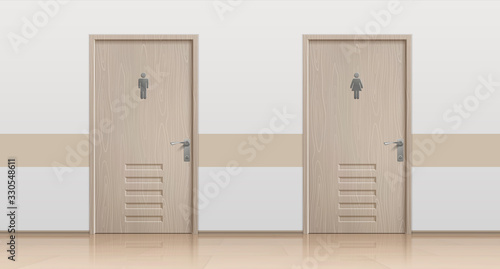 Toilet doors. Realistic interior mockup with closed bathroom doors for men and women visitors. Vector toilet entrance with placing signs public wc
