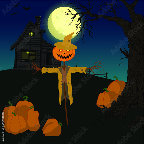 Scarecrow pumpkin in a hat on a background of a haunted house and a full moon.Halloween night vector illustration.