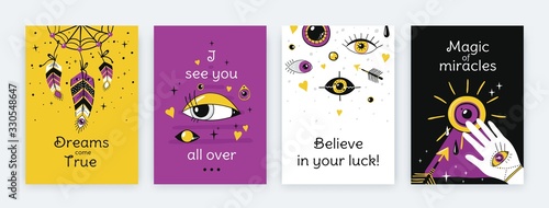 Doodle eyes posters. Vertical contemporary banners with Greek ethnic elements, trendy hand drawn evil eyes symbols. Vector modern fashion flyers set illustrated purple patterns