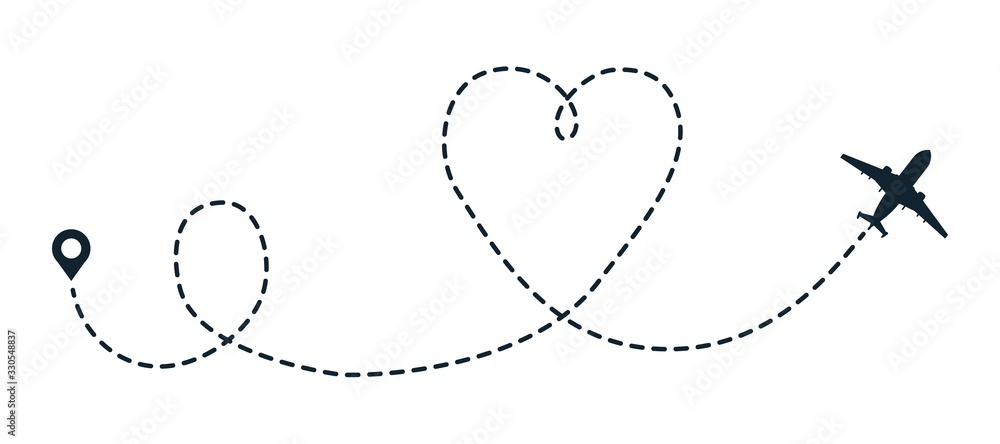 Heart airplane dotted path. Travel airplane tracks heart line route. Point aircraft path flight map. Vector illustration trip plan airline trace like romantic love symbols
