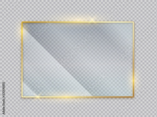 Gold glass transparent banners. Golden frame with glare reflection effect. Vector image square acrylic isolated screen front view with crystal display