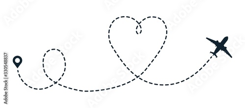 Heart airplane dotted path. Travel airplane tracks heart line route. Point aircraft path flight map. Vector illustration trip plan airline trace like romantic love symbols