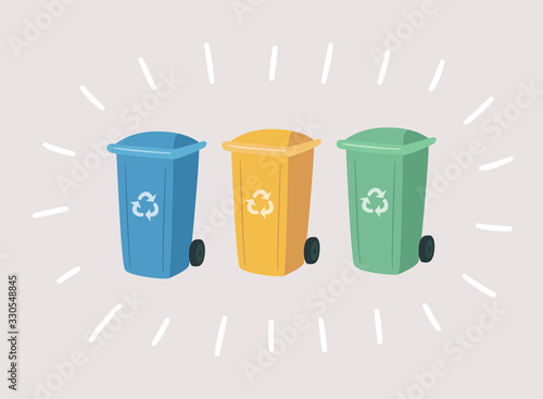 Garbage colorful cans for separate waste. Containers for Recycling Waste Sorting. Vector hand drawn set of green, blue, yellow trash bins