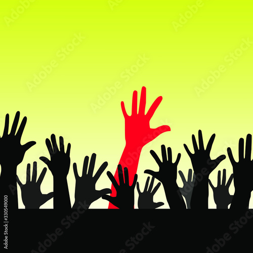 Set of silhouettes of human palms. Red hand rising above black hands.