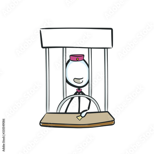 Ticket selling window. Cahiers window. Buy pass ticket point. Hand drawn. Stickman cartoon. Doodle sketch, Vector graphic illustration