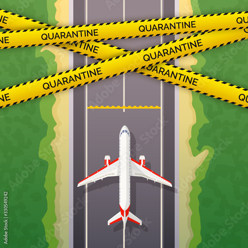 Airplane stopped on road. The concept of the prohibition of flights. Quarantine airplane image. Ban on flights, travels and movements. Coronavirus pandemic