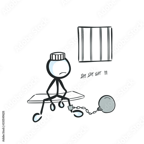 Man in a prison cell. Arrested criminal convict. Sitting in jail. Hand drawn. Stickman cartoon. Doodle sketch, Vector graphic illustration