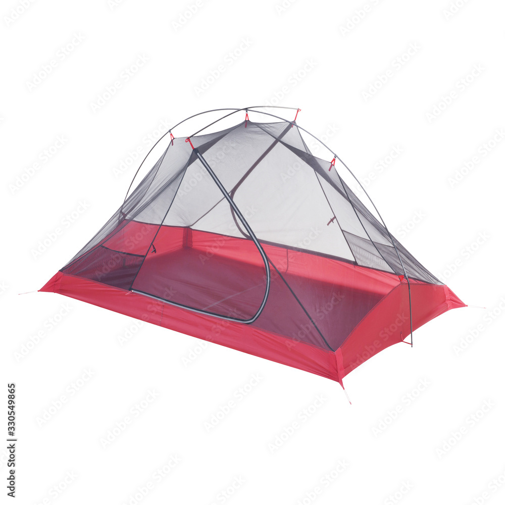 Red Camping Tent Isolated on White Background. Dome Tent with Micromesh