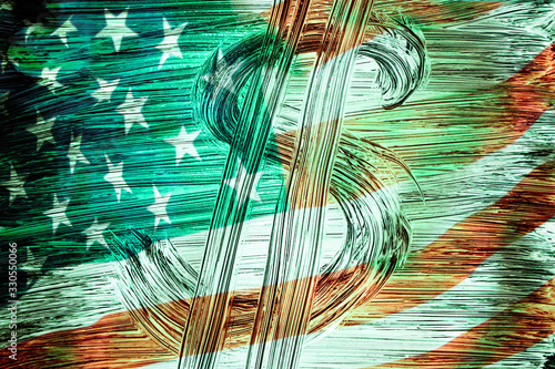 Symbol of the American currency on the background of the USA flag. Dollar symbol Hand-painted with a brush. Design concept for business and politics. photo