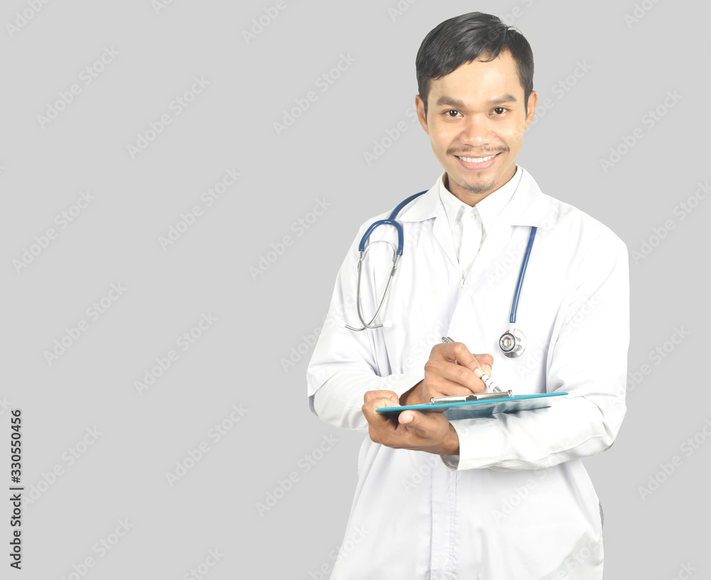 doctor with stethoscope working holding a clipboard on white background. doctor with stethoscope working holding a clipboard on white background.