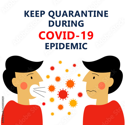 A square vector image with an infected person contacting with a healthy person. Keep quarantine during the coronavirus epidemic.