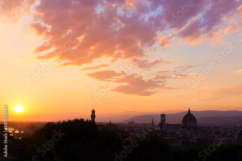 Dark shadow Panoramic sunset view of Florence, Ponte Vecchio, Palazzo Vecchio and Florence Duomo, Italy Wow sky