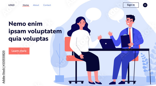 Candidate and HR manager having job interview. Business man and woman meeting at table, talking with speech bubbles. Vector illustration for conversation, career, human resource concept