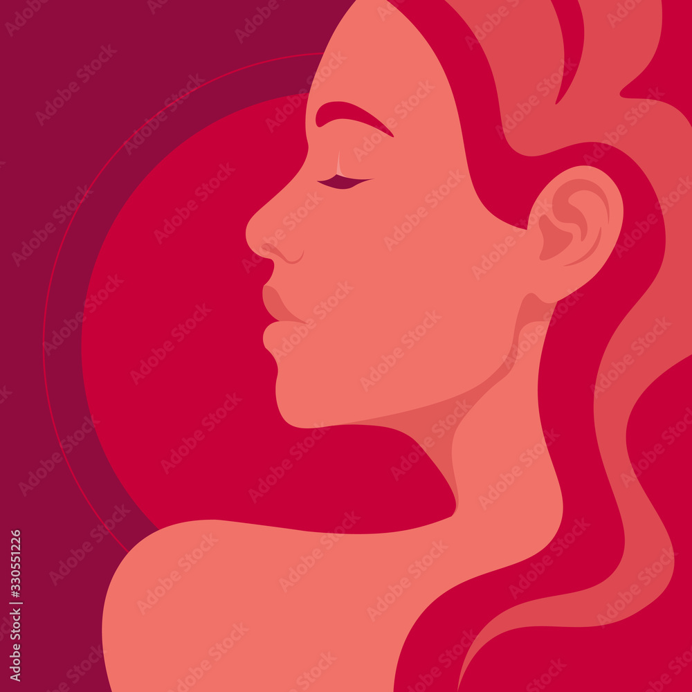 Portrait of a relaxed adult girl with closed eyes. Profile of a young woman on summer vacation. Resorts and beaches. Sunset. Vector illustration in flat style. Portrait of a relaxed adult girl with closed eyes. Profile of a young woman on summer vacation. Resorts and beaches. Sunset. Vector illustration in flat style.