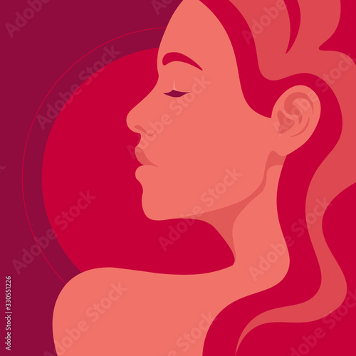 Portrait of a relaxed adult girl with closed eyes. Profile of a young woman on summer vacation. Resorts and beaches. Sunset. Vector illustration in flat style.