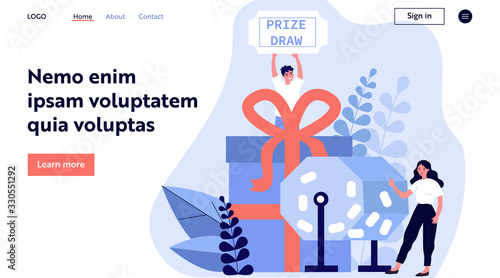 Lucky winners turning raffle drum and getting prize gift boxes. People winning prize draw. Vector illustration for lottery, luck, fortune, gambling concept
