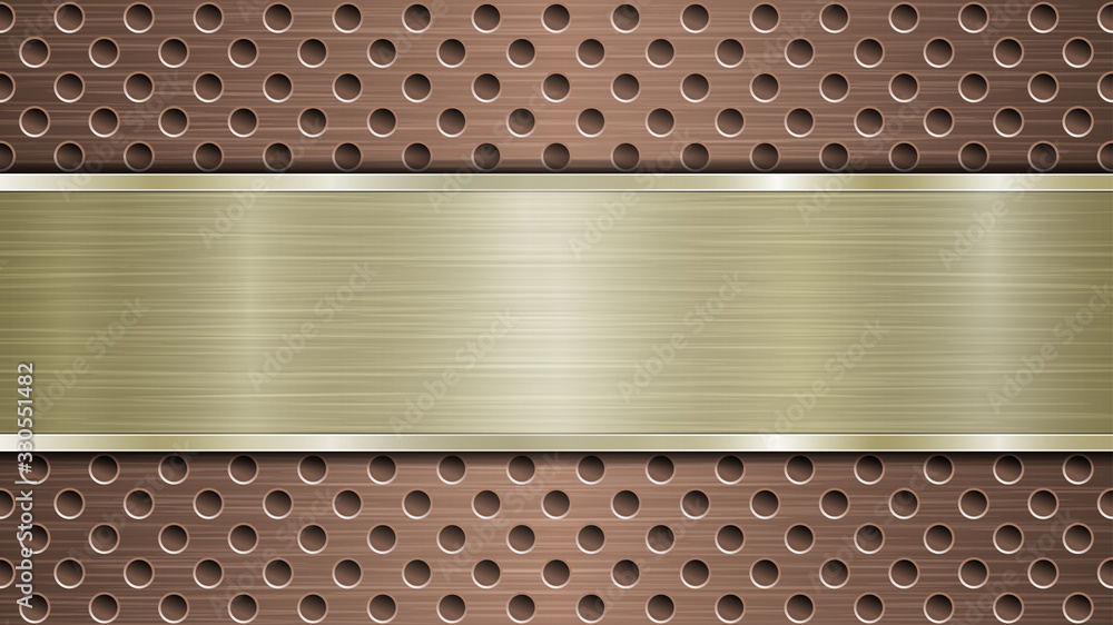 Background of bronze perforated metallic surface with holes and horizontal golden polished plate with a metal texture, glares and shiny edges