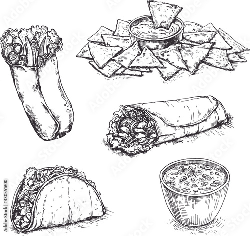 Mexican traditional food. Hand drawn sketch vector illustration. Vintage Mexico cuisine set.Taco,nachos,burrito.